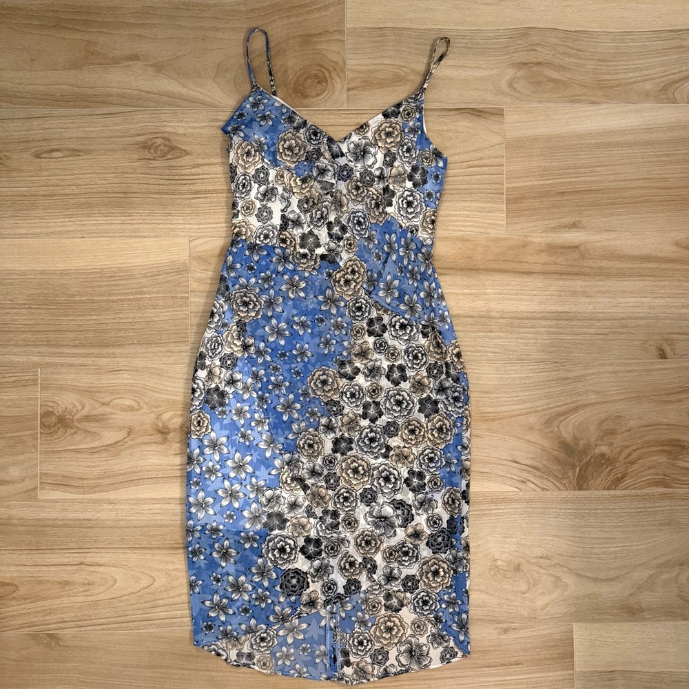 Guess Blue, Black and White Floral Midi Dress